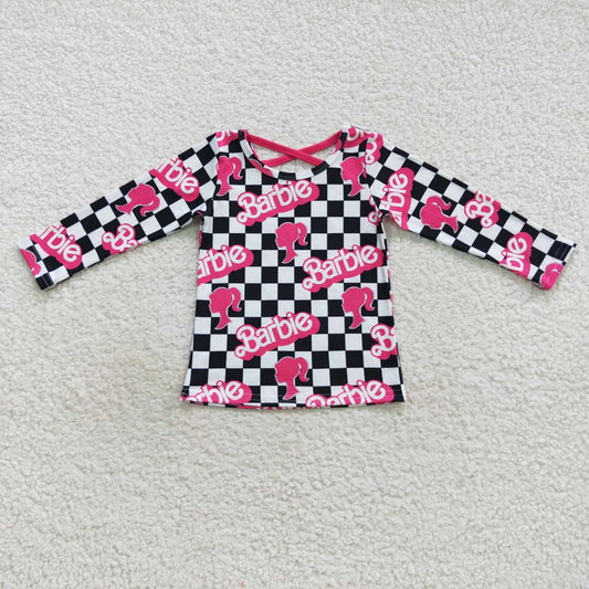 girl long sleeve checkered barbie cross pullover shirt