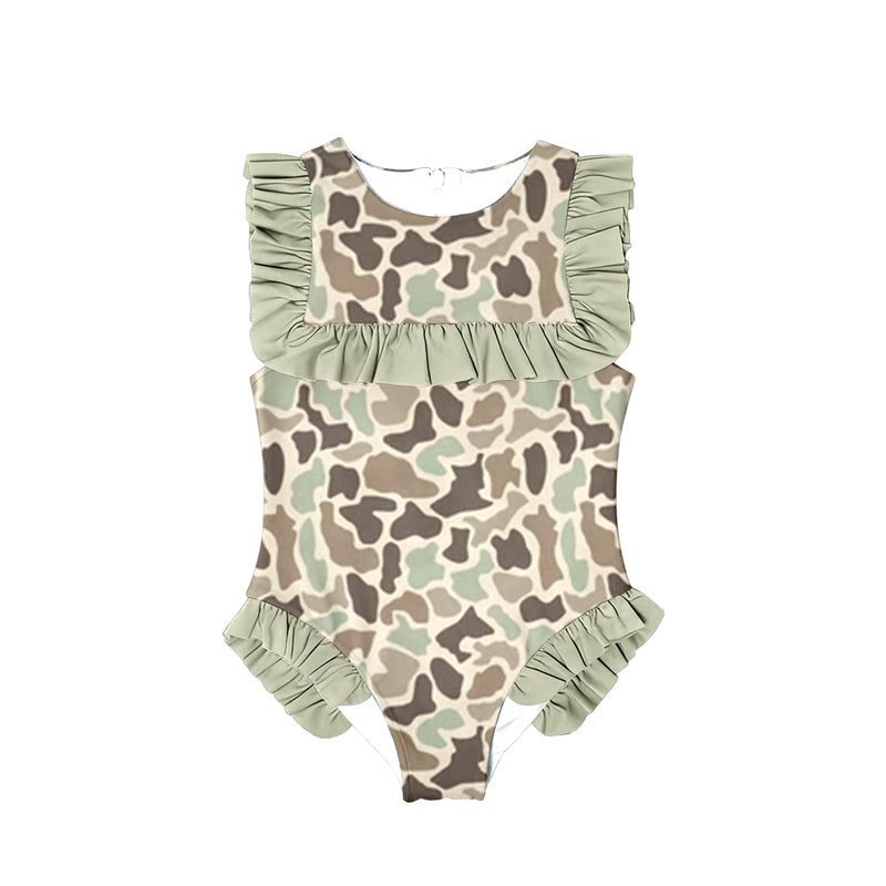 Pre order one pieces camo ruffle girl swimsuit