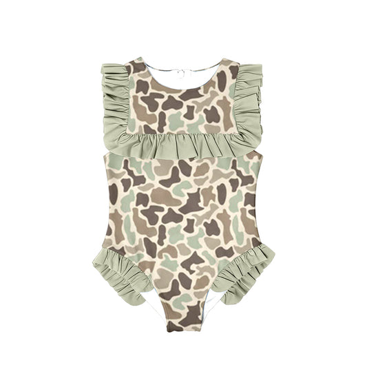 Pre order one pieces camo ruffle girl swimsuit
