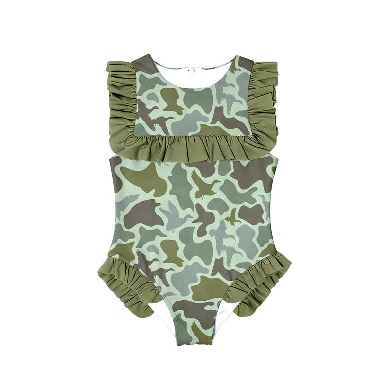 Pre order one pieces camo ruffle girl swimsuit