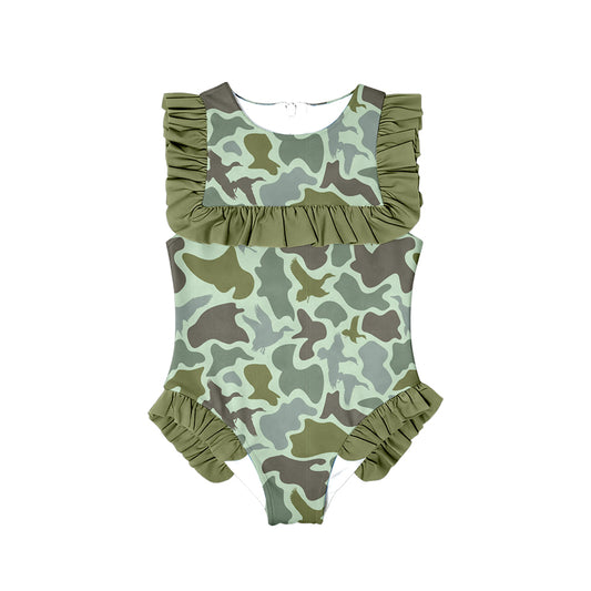 Pre order one pieces camo ruffle girl swimsuit