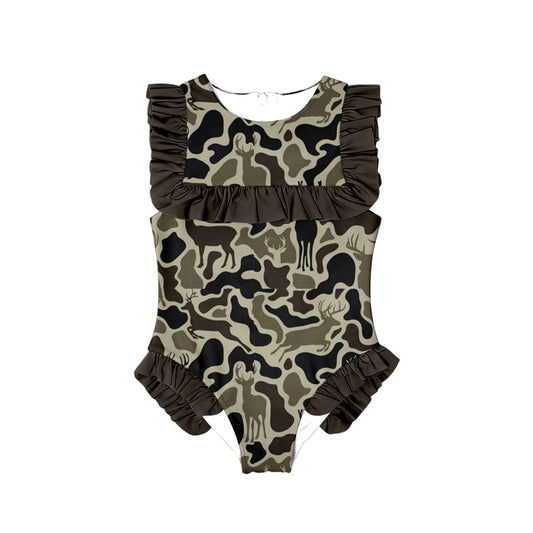 Pre order one pieces camo ruffle girl swimsuit
