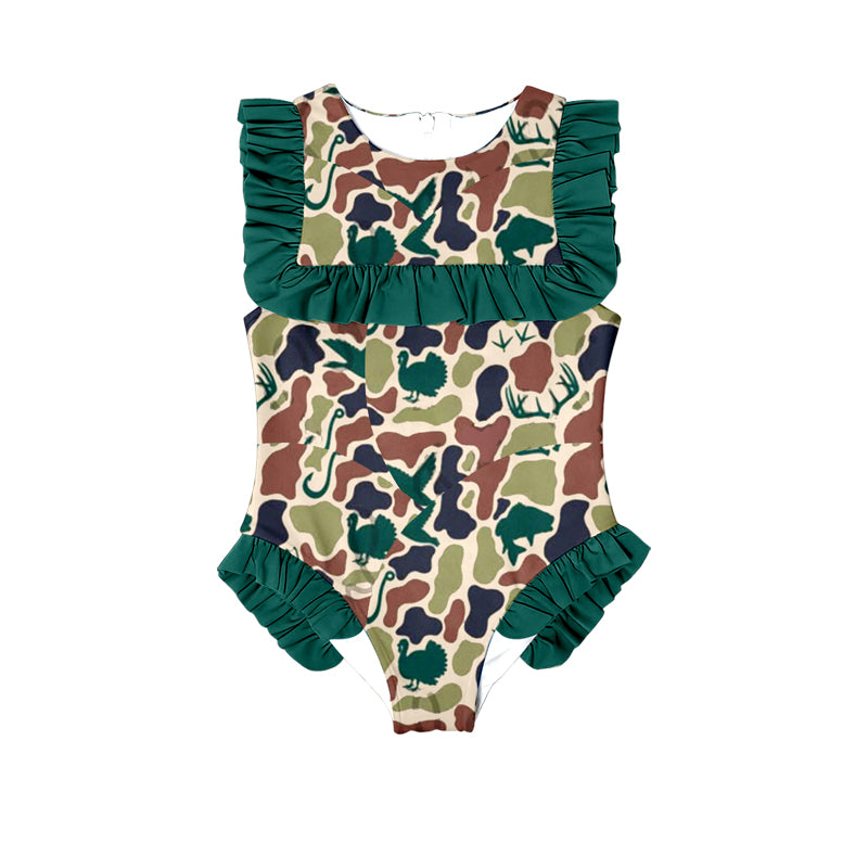 Pre order one pieces camo ruffle girl swimsuit
