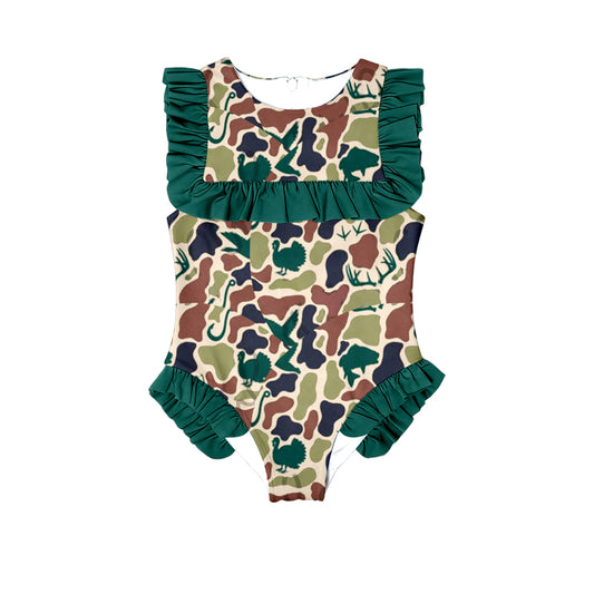 Pre order one pieces camo ruffle girl swimsuit