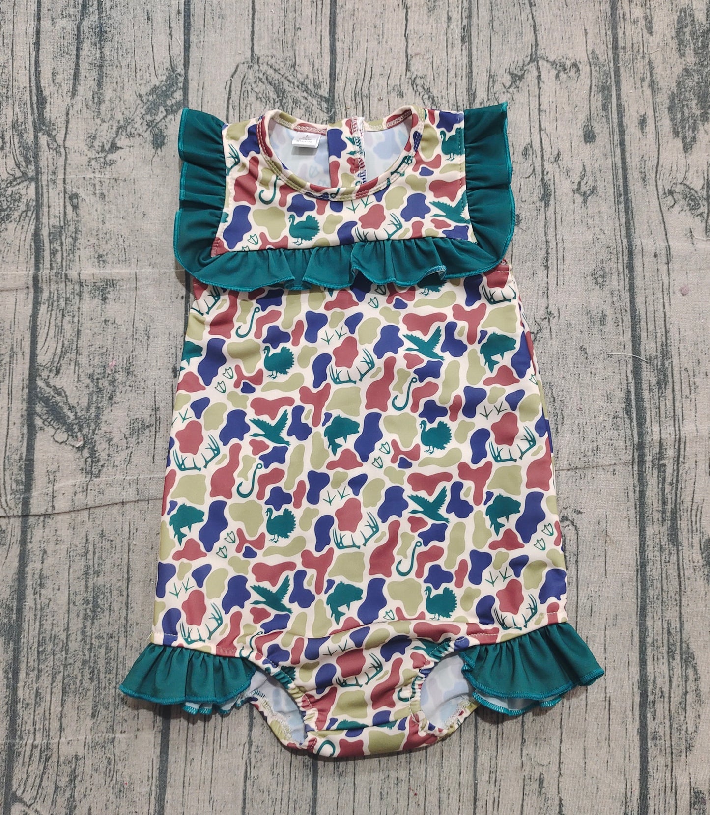 Pre order one pieces camo ruffle girl swimsuit