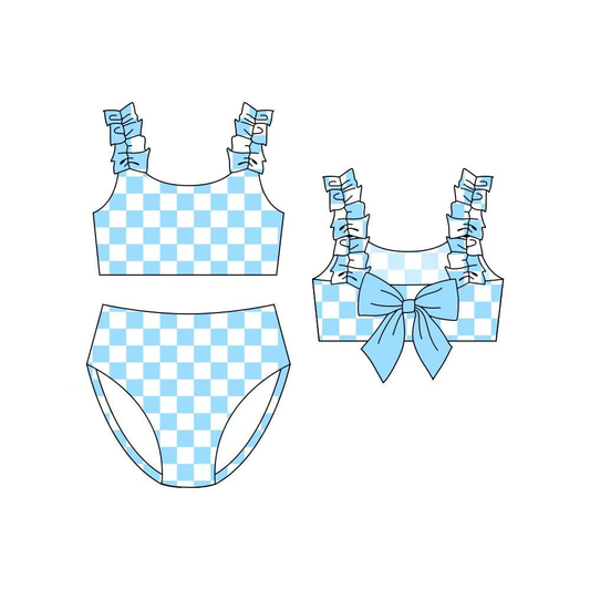 pre order blue checkered two pieces swimsuit
