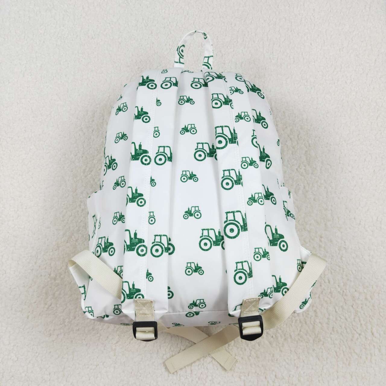 green tractor print kids backpack white bag