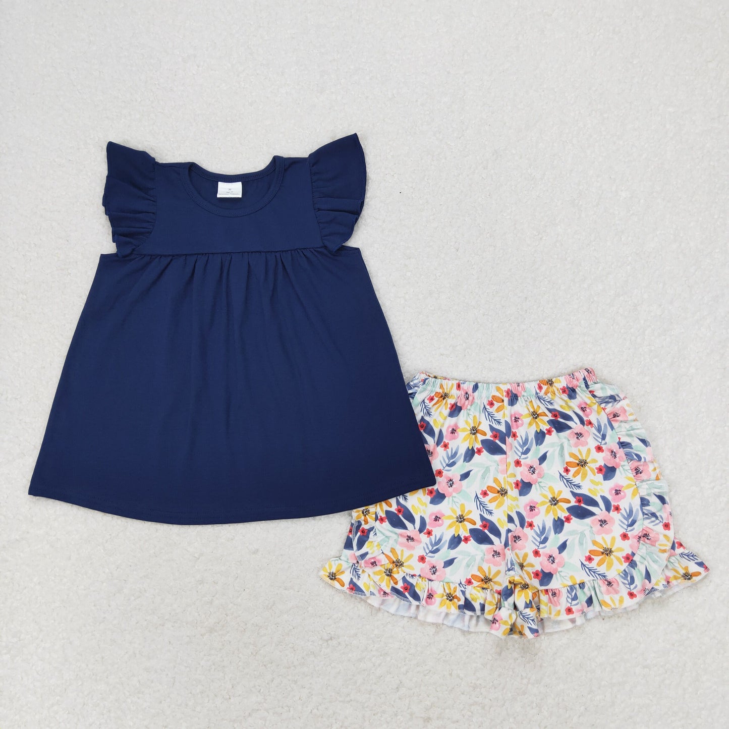 solid navy tunic floral ruffle shorts set girl