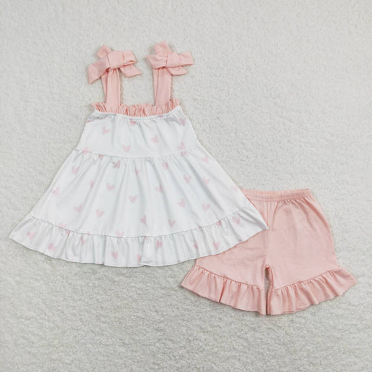 girl valentine pink strap heart print shorts set