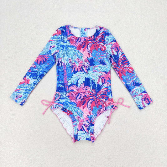 Preppy Barbiecore Palm Trees Blue Pink One Piece Swimsuit