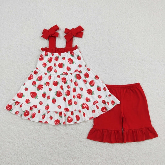 girl clothes strap strawberry shorts set red