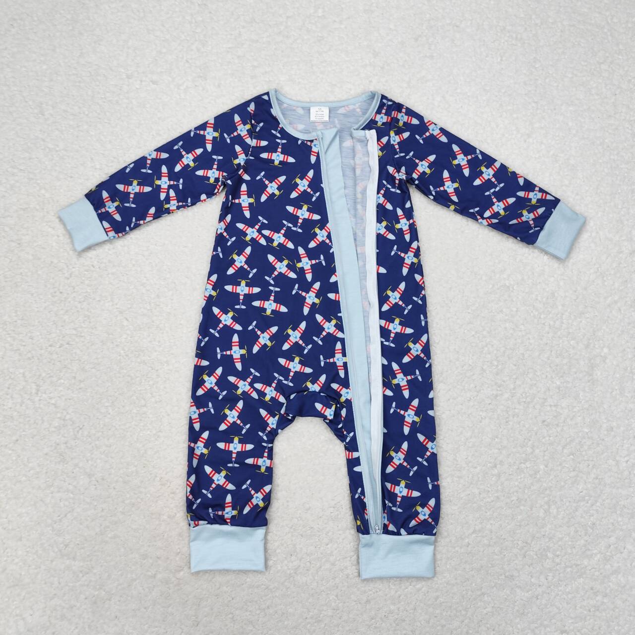 dark blue plane print zip sleeper boy