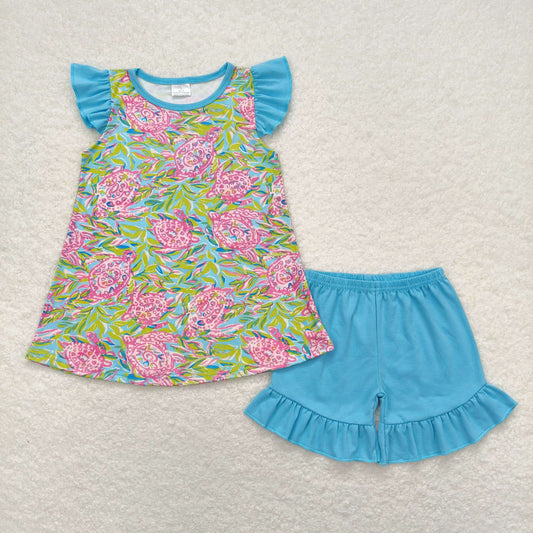 flutter sleeve lily turtle blue ruffle shorts set girls summer outfit