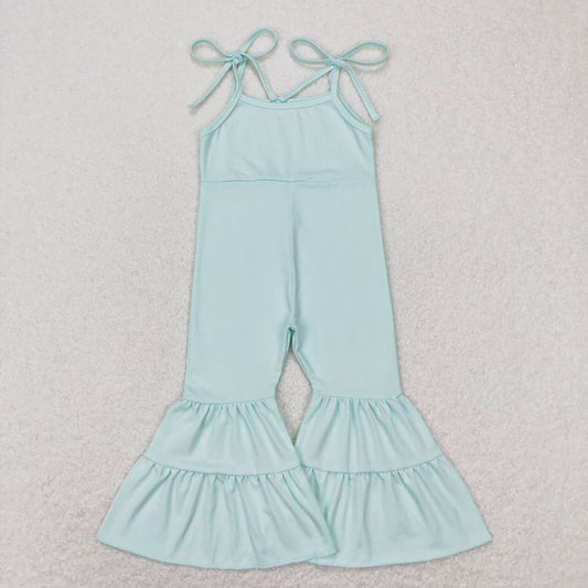 cotton solid mint green strap bell bottom jumpsuit