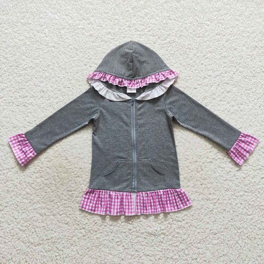 solid gray cotton pink plaid ruffle zipper hoodie jacket