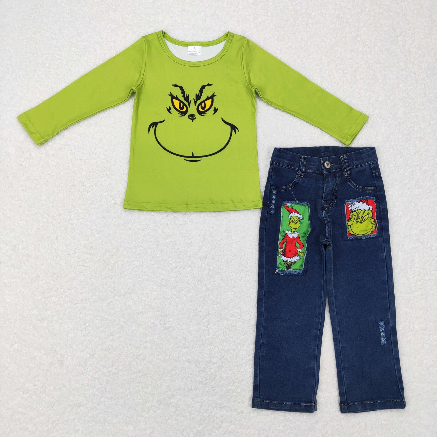 grinchey shirt+denim pants kids clothing christmas outfit