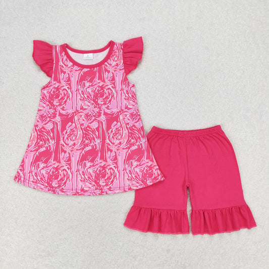 flutter sleeve lily flamingo ruffle shorts set girls summer outfit