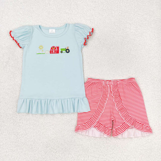 farm life baby girl embroidery red stripe shorts set