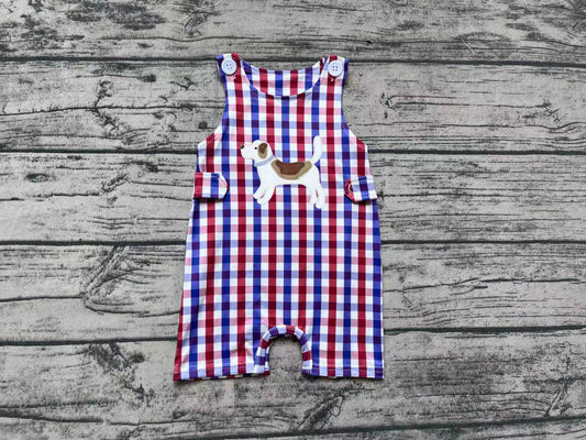 Pre order  dog red white blue plaid baby boy tank romper (do embroidery)