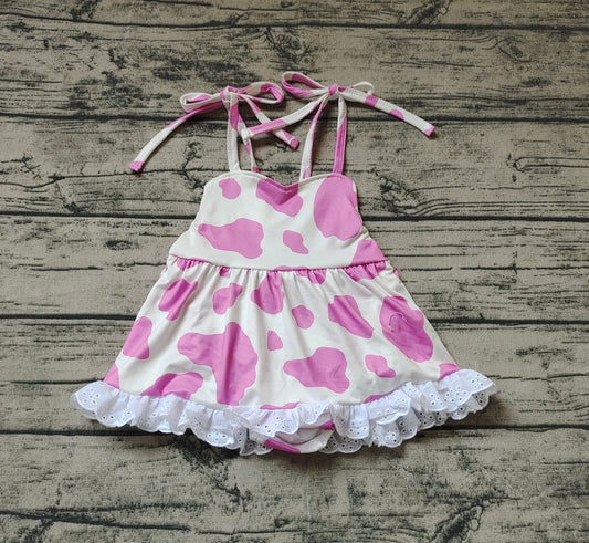 Pre order  infant girl suspender pink cow print skirt bummie set