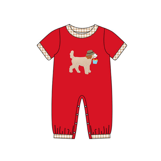 Pre order dog fishing red romper boy