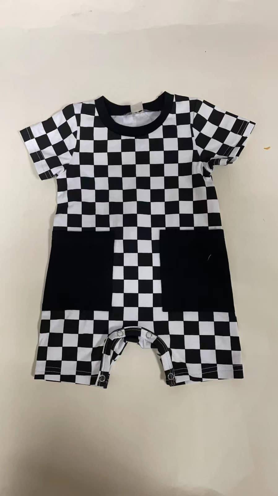 Pre order baby boy black checkered pocket romper