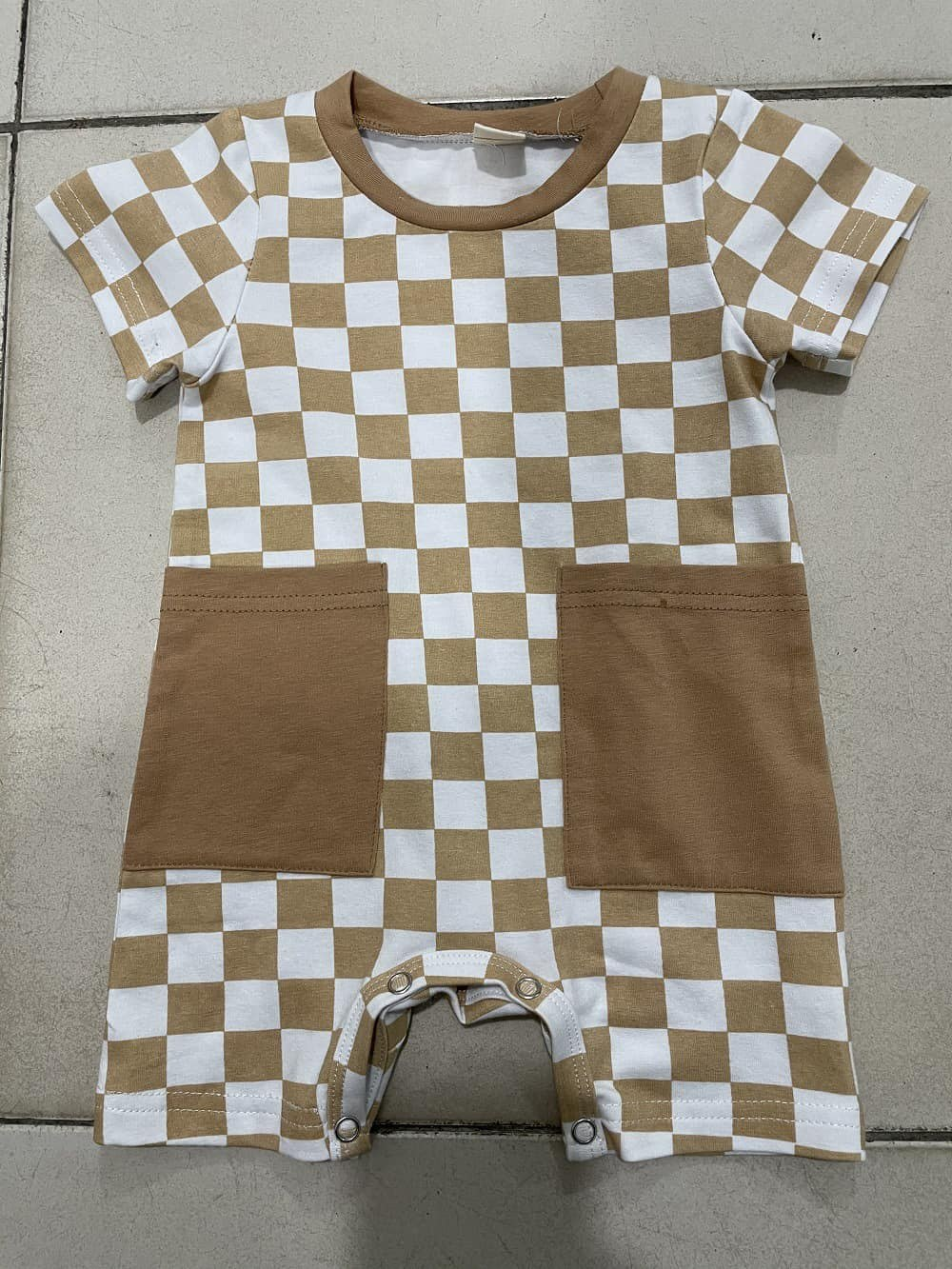 Pre order baby boy brown checkered pocket romper