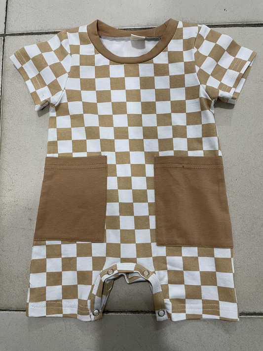 Pre order baby boy brown checkered pocket romper