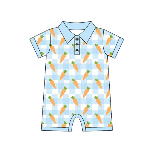 Pre order easter blue plaid carrot boy polo romper