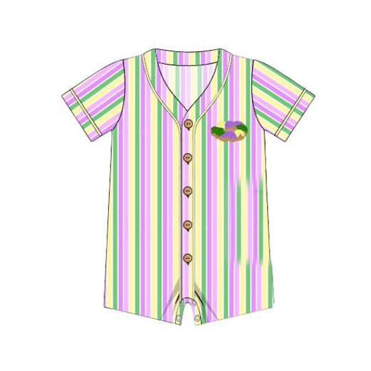 Pre order mardi gras stripes button v neck romper