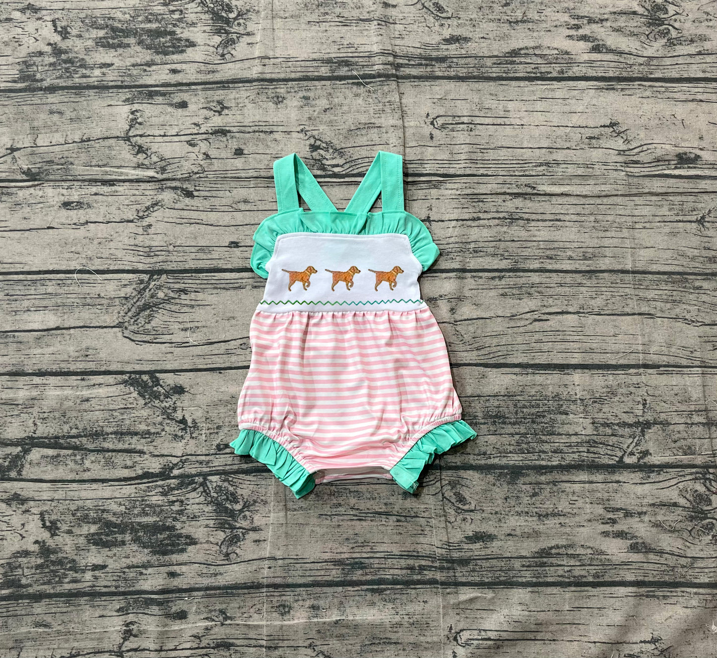 Pre order strap dog embroidery baby girl romper
