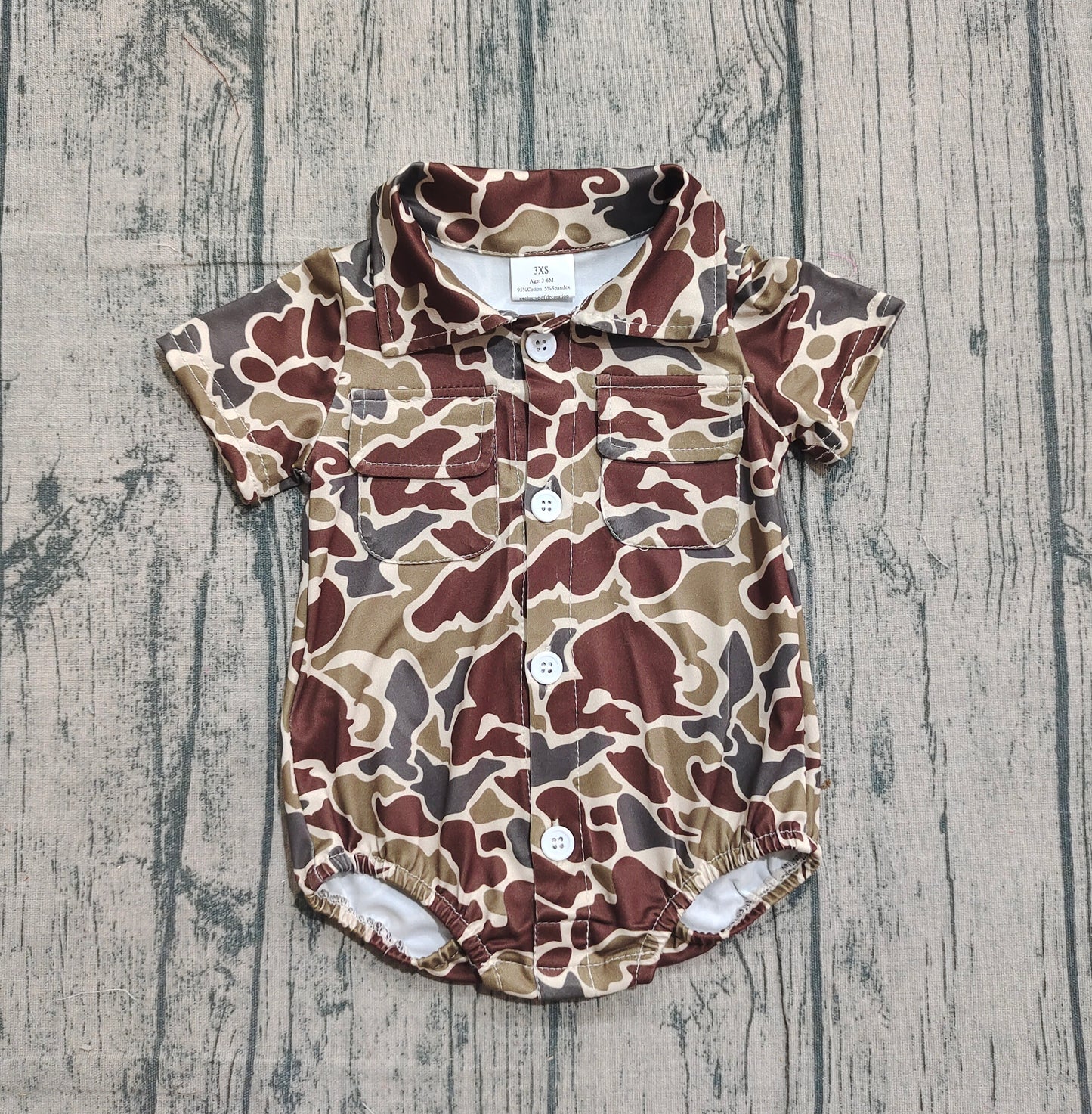 Pre order button camo pocket romper