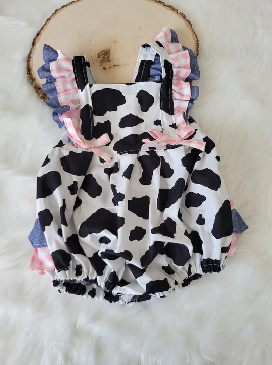 Pre order black cow print ruffle girl bubble baby clothing