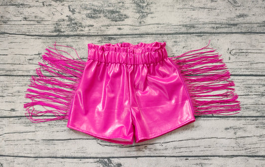 pre order hot pink leather fringe shorts