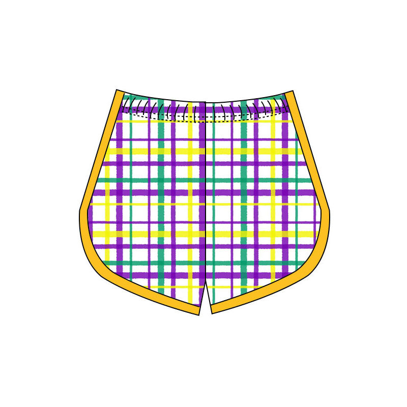 Pre order purple green gold plaid mardi gras girl yoga shorts