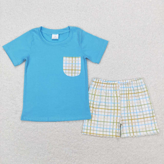 boy solid blue pocket t-shirt gingham shorts set