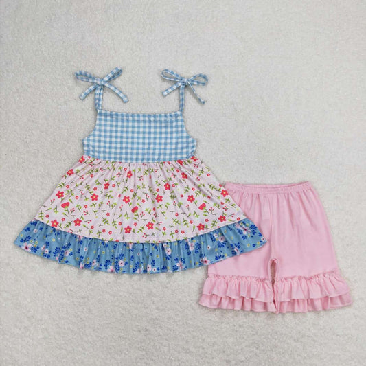flower print suspender shorts set girl’s summer outfit