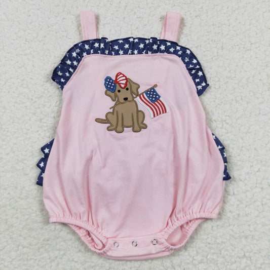 infant girl pink dog embroidery 4th of July romper