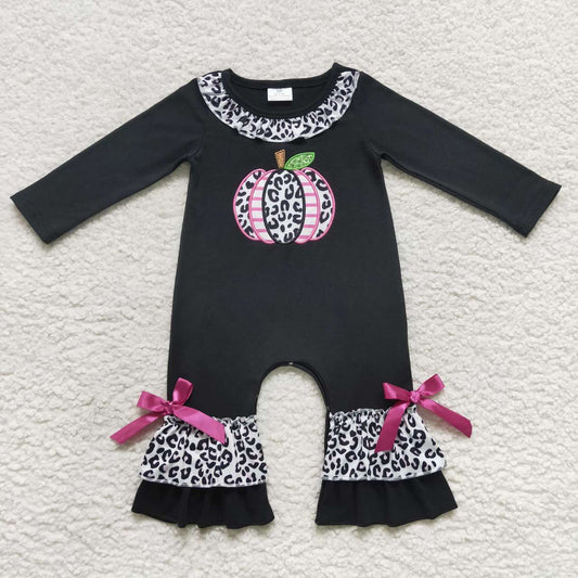 matching baby girl black pumpkin embroidery ruffle romper