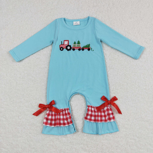 baby girl christmas tree truck embroidery blue cotton romper