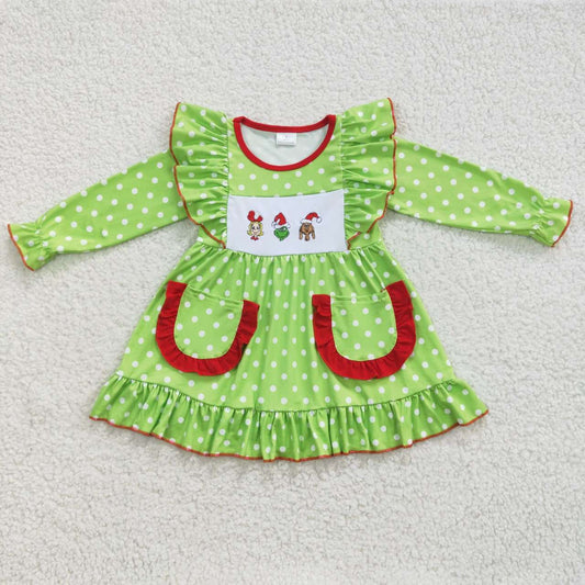 Christmas green polk dots embroidered pocket ruffle dress