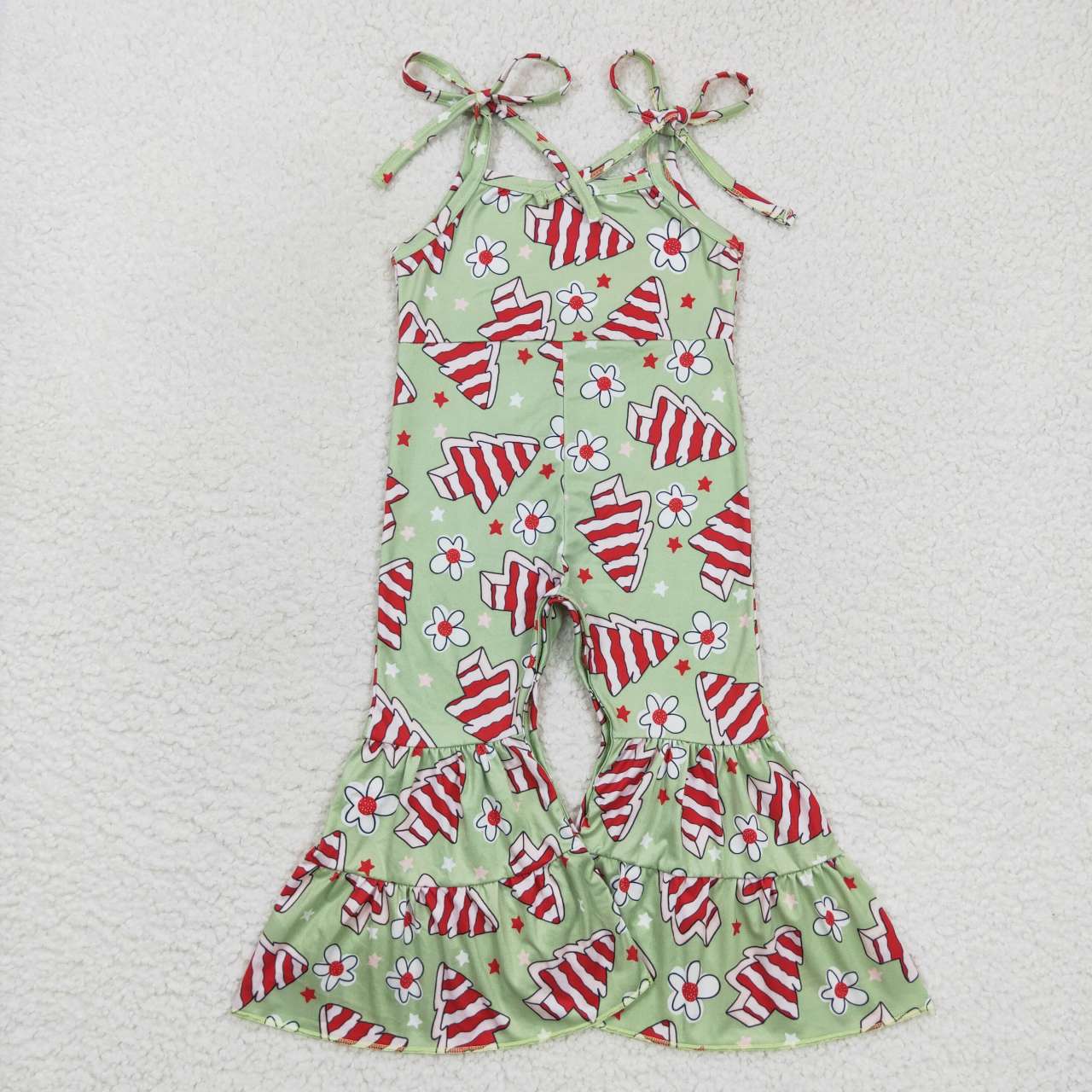 toddler girl green christmas tree cake bell bottom strap jumpsuit