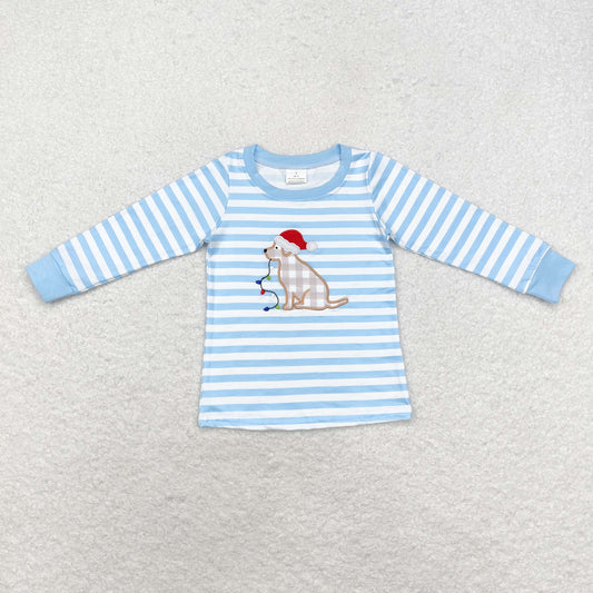 blue stripe santa dog embroidered pullover