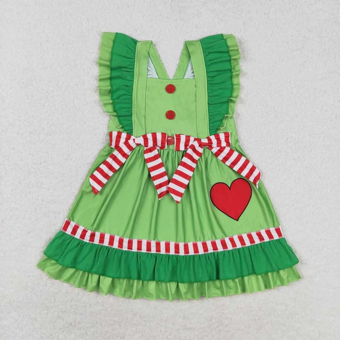 green cross back ruffle dress with red heart print