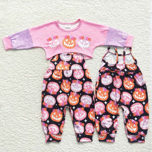 scary pumpkin crop top and strap jumspuit set girl halloween clothing