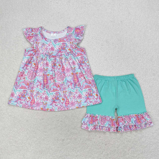 watercolor lily dinosaur ruffle shorts set girls summer outfit