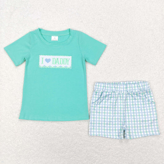 boy green i love daddy embroidery pocket shorts set