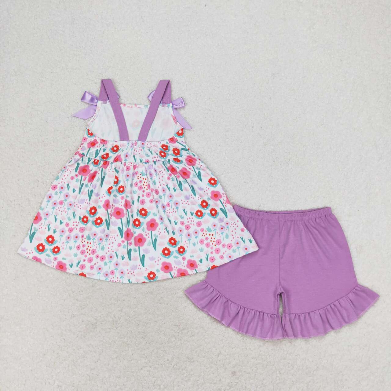 summer flower print girl strap shorts set purple