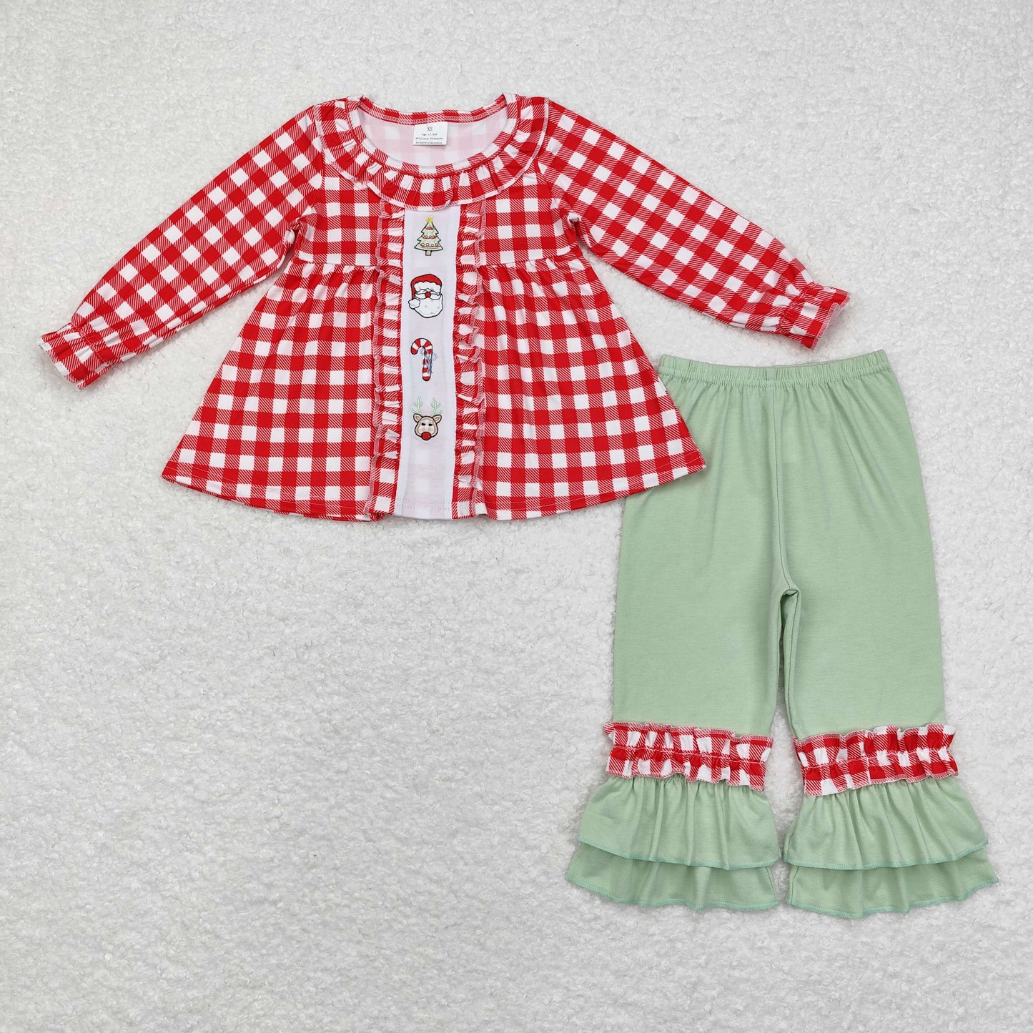 Plaid santa deer candy cane Christmas embroidery girls clothing