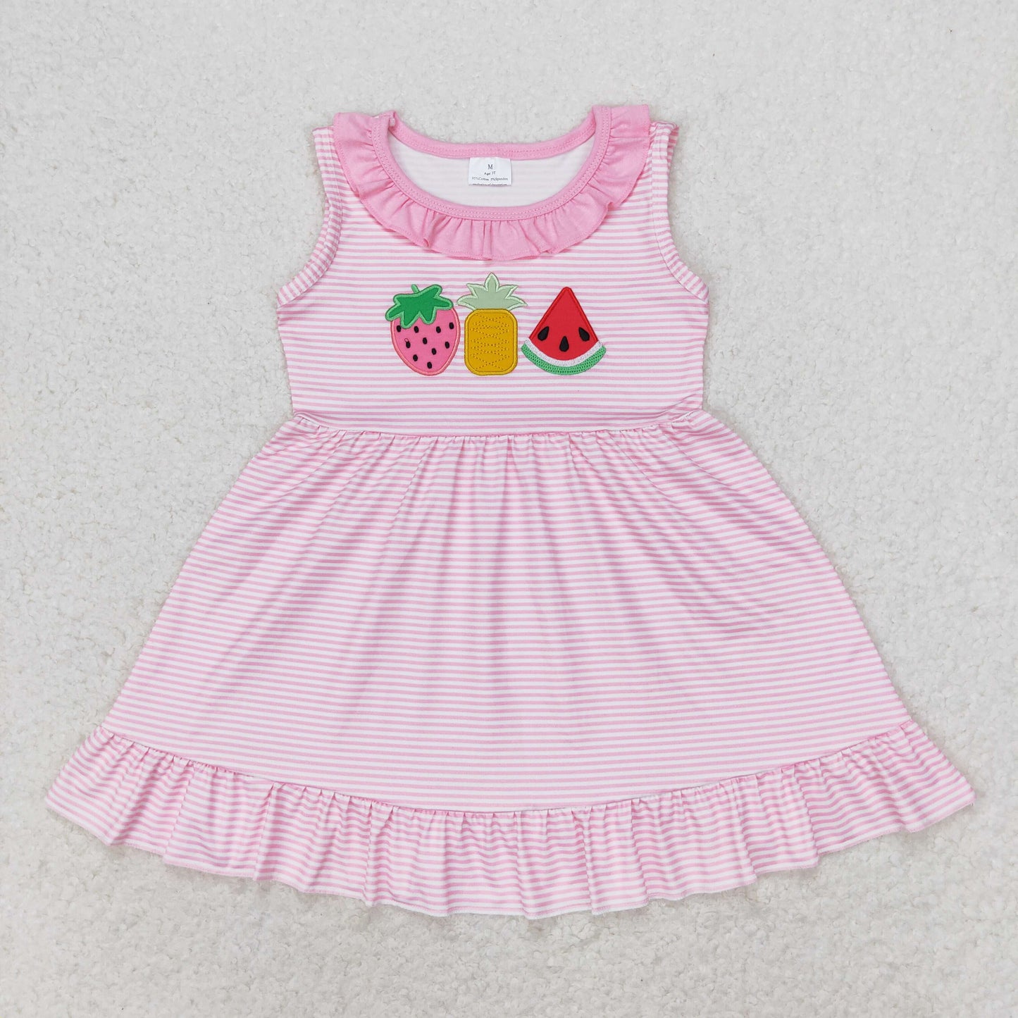 pink stripe summer fruits embroidery dress